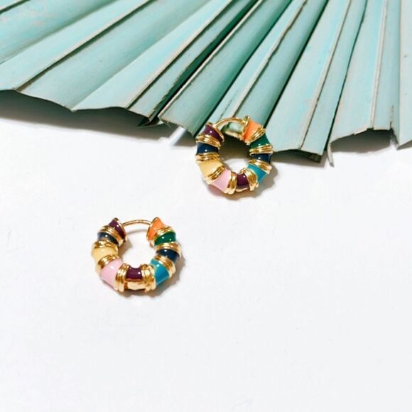 Anthropologie Jewelry - Anthropologie Multicolor Enamel Chunky Hoop Earrings Gold Tone